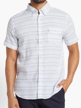 Ben Sherman Linen Blend White Short-Sleeve Button-Down Shirt with Blue Stripes